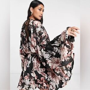 NWT ASOS satin stripe blouson mini dress with ring detail in floral print 12